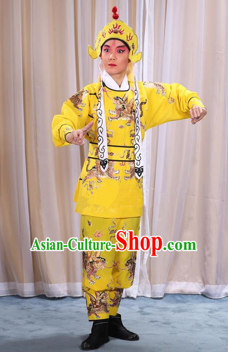 Traditional Chinese Beijing Opera Takefu Yellow Pawn Clothing Complete Set, China Peking Opera Martial Role Costume Embroidered Opera Costumes