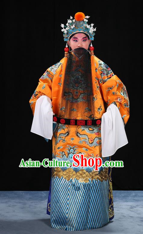 Traditional Chinese Beijing Opera Male Yellow Clothing and Belts Complete Set, China Peking Opera His Royal Highness Costume Embroidered Robe Dragon robe Opera Costumes