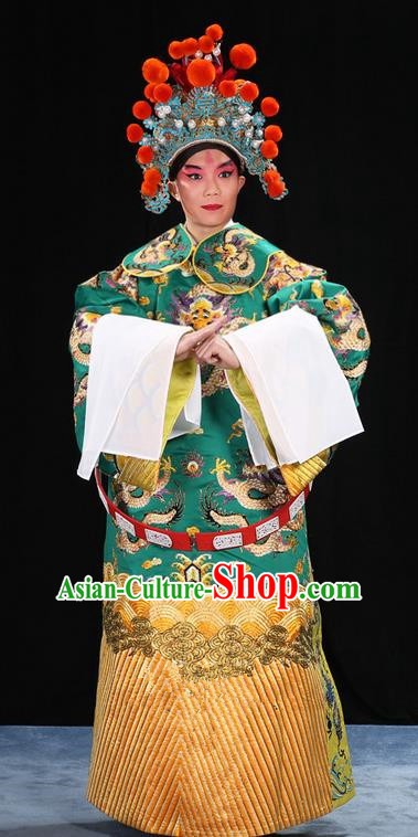 Traditional Chinese Beijing Opera Male Green Clothing and Belts Complete Set, China Peking Opera His Royal Highness Costume Embroidered Robe Dragon robe Opera Costumes