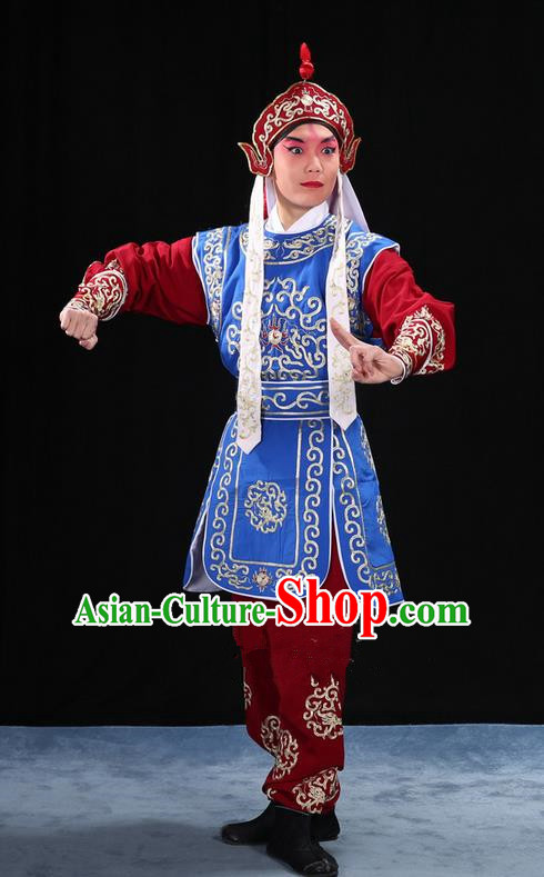 Traditional Chinese Beijing Opera Takefu Blue Clothing Complete Set, China Peking Opera Martial Role Costume Embroidered Opera Costumes