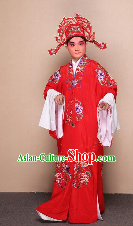 Traditional Chinese Beijing Opera Lang Scholar Dress Clothing and Boots Complete Set, China Peking Opera Young Man Costume Bridegroom Embroidered Robe Opera Costumes