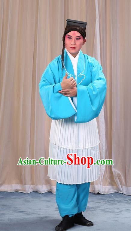 Traditional Chinese Beijing Opera Clown Light Blue Clothing and Shoes Headwear Complete Set, China Peking Opera Miscellaneous Affairs Costume Opera Wu Dalang Costumes