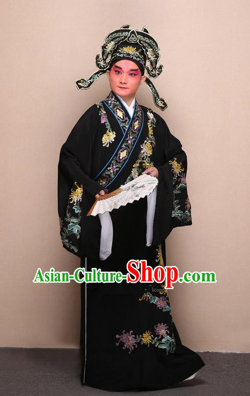 Traditional Chinese Beijing Opera Niche Black Dress Clothing Complete Set, China Peking Opera Young Man Costume Embroidered Chrysanthemum Robe Opera Costumes