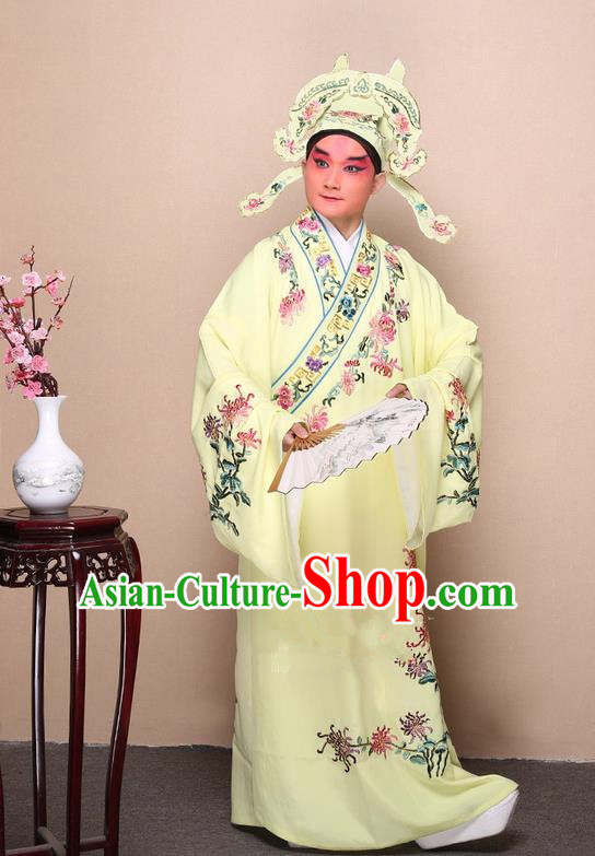 Traditional Chinese Beijing Opera Niche Yellow Dress Clothing Complete Set, China Peking Opera Young Man Costume Embroidered Chrysanthemum Robe Opera Costumes