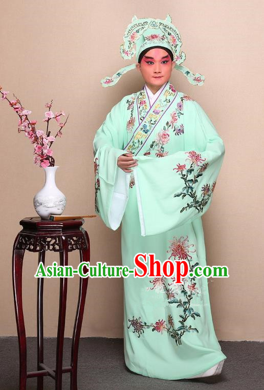 Traditional Chinese Beijing Opera Niche Green Dress Clothing Complete Set, China Peking Opera Young Man Costume Embroidered Chrysanthemum Robe Opera Costumes