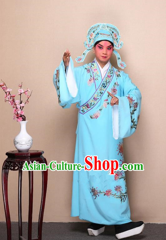 Traditional Chinese Beijing Opera Niche Light Blue Dress Clothing Complete Set, China Peking Opera Young Man Costume Embroidered Chrysanthemum Robe Opera Costumes