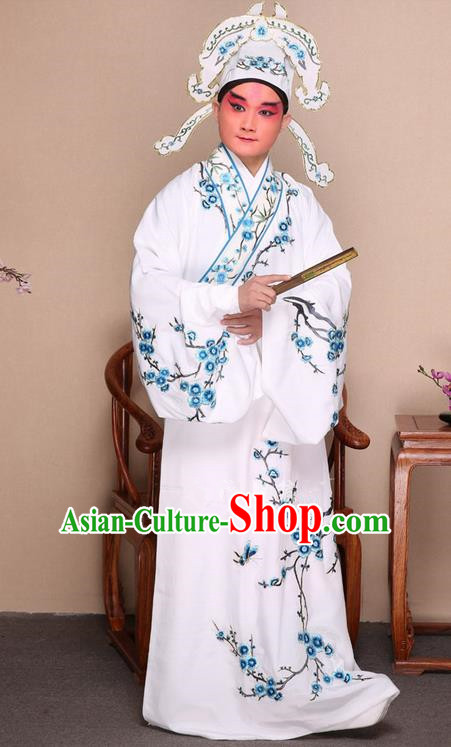 Traditional Chinese Beijing Opera Niche White Dress Clothing Complete Set, China Peking Opera Young Man Costume Embroidered Plum Blossom Robe Opera Costumes