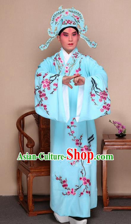 Traditional Chinese Beijing Opera Niche Blue Dress Clothing Complete Set, China Peking Opera Young Man Costume Embroidered Plum Blossom Robe Opera Costumes