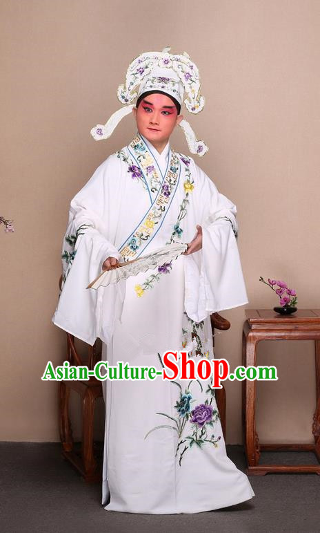 Traditional Chinese Beijing Opera Niche White Dress Clothing and Boots Fan Complete Set, China Peking Opera Gifted Youth Man Costume Embroidered Robe Opera Costumes