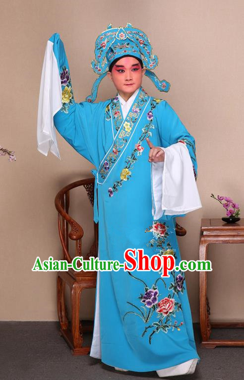 Traditional Chinese Beijing Opera Niche Blue Dress Clothing and Boots Fan Complete Set, China Peking Opera Gifted Youth Man Costume Embroidered Robe Opera Costumes