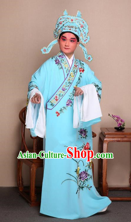 Traditional Chinese Beijing Opera Niche Light Blue Dress Clothing and Boots Fan Complete Set, China Peking Opera Gifted Youth Man Costume Embroidered Robe Opera Costumes