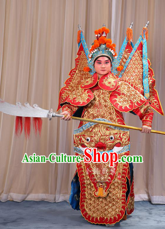 Traditional Chinese Beijing Opera Military Officer Armour Red Clothing and Boots Complete Set, China Peking Opera Martial General Role Costume Embroidered Opera Tiger Head Costumes