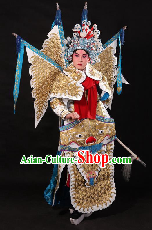 Traditional Chinese Beijing Opera Military Officer Armour White Clothing and Boots Complete Set, China Peking Opera Martial General Role Costume Embroidered Opera Tiger Head Costumes