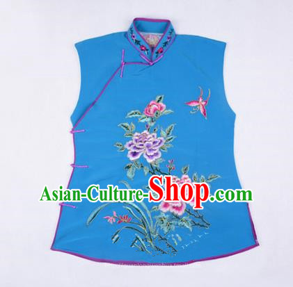 Traditional Chinese Beijing Opera Servant Girl Blue Vests, China Peking Opera Young Lady Costume Embroidered Opera Waistcoat Costumes