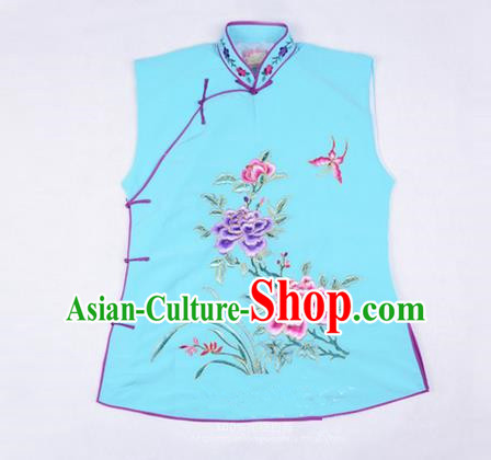 Traditional Chinese Beijing Opera Servant Girl Light Blue Vests, China Peking Opera Young Lady Costume Embroidered Opera Waistcoat Costumes