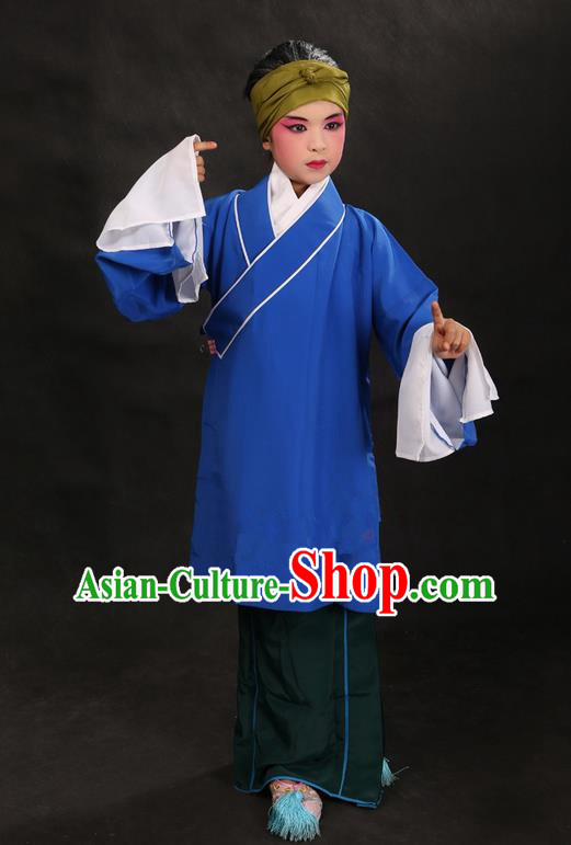 Traditional Chinese Beijing Opera Old Female Blue Clothing and Shoes Complete Set, China Peking Opera Children Pantaloon Costume Embroidered Clothing Opera Costumes for Kids