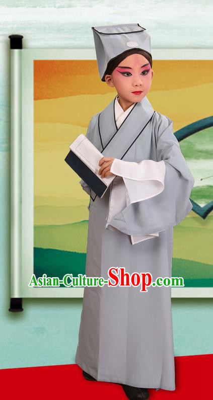 Traditional Chinese Beijing Opera Children Scholar Grey Clothing and Headwear Shoes Complete Set, China Peking Opera Young Man Costume Xu Xian Robe Opera Costumes for Kids