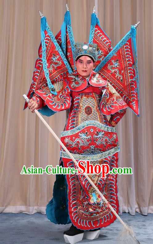 Traditional Chinese Beijing Opera Takefu Green Armour Red Clothing and Boots Complete Set, China Peking Opera Martial General Role Costume Embroidered Opera Costumes