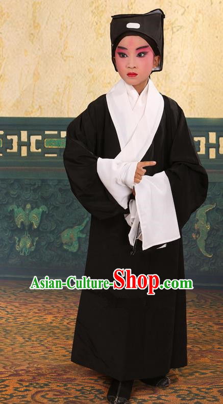 Traditional Chinese Beijing Opera Children Scholar Black Clothing and Headwear Shoes Complete Set, China Peking Opera Young Man Costume Xu Xian Robe Opera Costumes for Kids