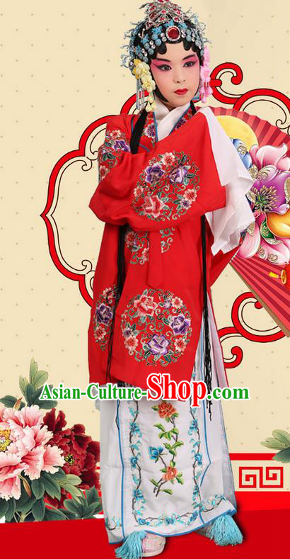 Traditional Chinese Beijing Opera Young Female Red Clothing and Headwear Shoes Complete Set, China Peking Opera Diva Role Hua Tan Costume Mu Guiying Embroidered Opera Costumes for Kids