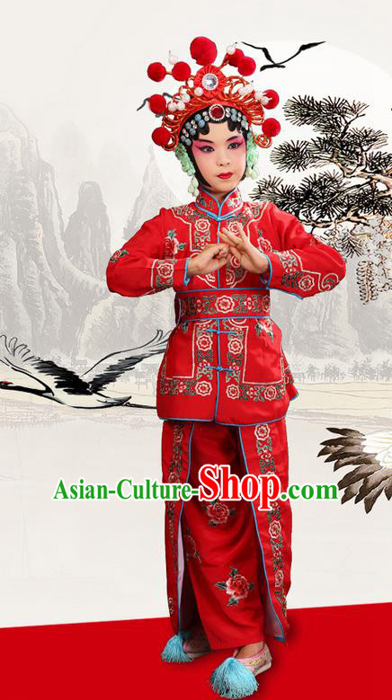 Traditional Chinese Beijing Opera Magic Warriors Red Clothing and Shoes Complete Set, China Peking Opera Women Pawn Dress Costume Embroidered Opera Costumes for Kids