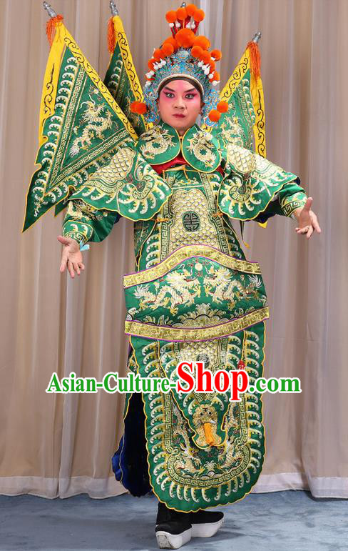 Traditional Chinese Beijing Opera Takefu Green Armour Green Clothing and Boots Complete Set, China Peking Opera Martial General Role Costume Embroidered Opera Costumes