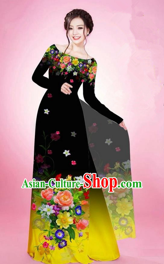 Traditional Top Grade Asian Vietnamese Ha Festival Printing Flowers Black Ao Dai Dress, Vietnam National Jing Nationality Off Shoulder Cheongsam Costumes for Women