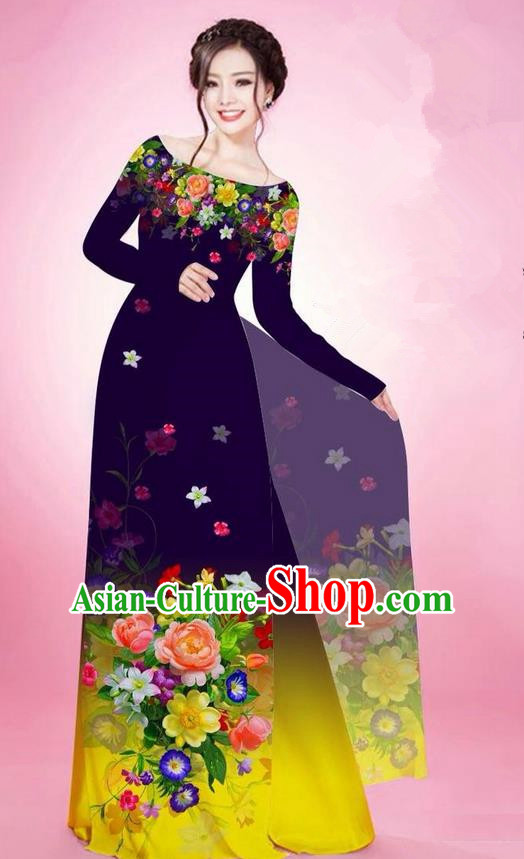 Traditional Top Grade Asian Vietnamese Ha Festival Printing Flowers Deep Purple Ao Dai Dress, Vietnam National Jing Nationality Off Shoulder Cheongsam Costumes for Women