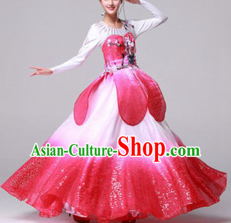 Top Grade Compere Professional Compere Costume, Ballroom Dance Dress Opening Dance Lotus Dance Big Swing Pink Dress for Women