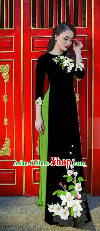 Traditional Top Grade Asian Vietnamese Ha Festival Bride Printing Ao Dai Dress, Vietnam Women National Jing Nationality Princess Black Cheongsam Costumes