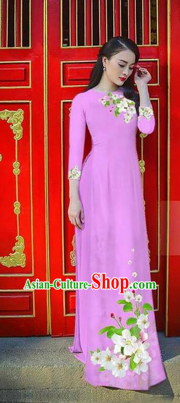 Traditional Top Grade Asian Vietnamese Ha Festival Bride Printing Ao Dai Dress, Vietnam Women National Jing Nationality Princess Lilac Cheongsam Costumes