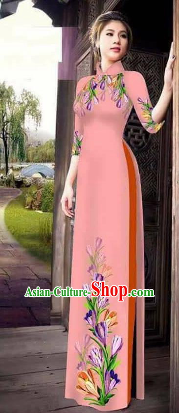 Traditional Top Grade Asian Vietnamese Ha Festival Printing Ao Dai Dress, Vietnam Women National Jing Nationality Princess Pink Cheongsam Bride Costumes