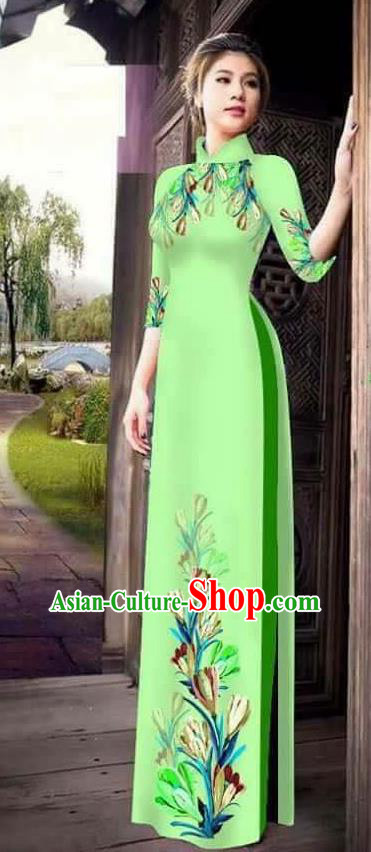 Traditional Top Grade Asian Vietnamese Ha Festival Printing Ao Dai Dress, Vietnam Women National Jing Nationality Princess Light Green Cheongsam Bride Costumes