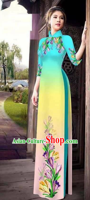 Traditional Top Grade Asian Vietnamese Ha Festival Printing Ao Dai Dress, Vietnam Women National Jing Nationality Princess Light Blue Cheongsam Bride Costumes