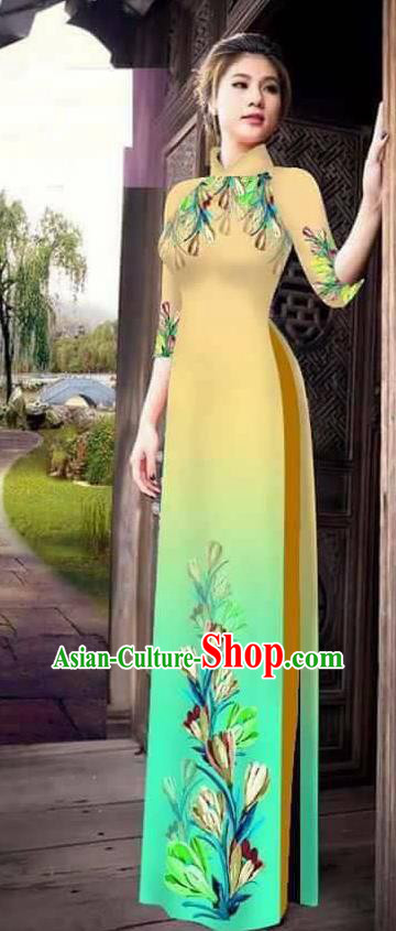 Traditional Top Grade Asian Vietnamese Ha Festival Printing Ao Dai Dress, Vietnam Women National Jing Nationality Princess Gradient Yellow Cheongsam Bride Costumes