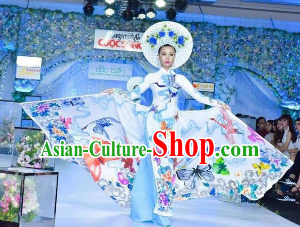 Traditional Top Grade Asian Vietnamese Ha Festival Hand Painting Ao Dai Dress, Vietnam Women National Jing Nationality Princess Cheongsam Bride Costumes