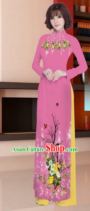 Traditional Top Grade Asian Vietnamese Ha Festival Printing Ao Dai Dress, Vietnam Women National Jing Nationality Princess Rosy Cheongsam Bride Costumes