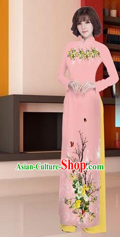 Traditional Top Grade Asian Vietnamese Ha Festival Printing Ao Dai Dress, Vietnam Women National Jing Nationality Princess Pink Cheongsam Bride Costumes