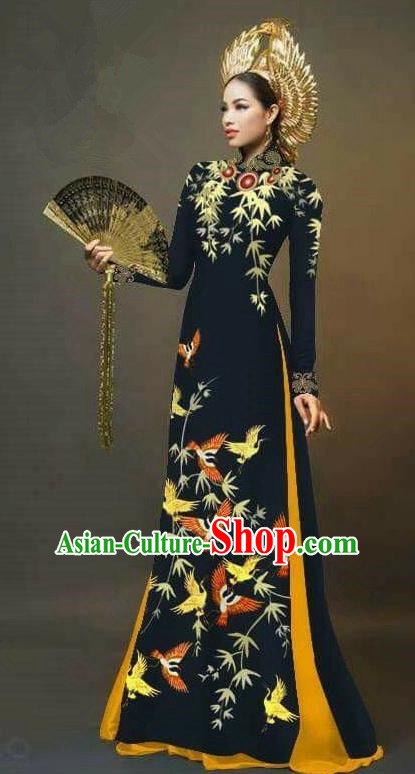 Traditional Top Grade Asian Vietnamese Ha Festival Printing Cranes Ao Dai Dress, Vietnam Women National Jing Nationality Queen Black Cheongsam Bride Costumes