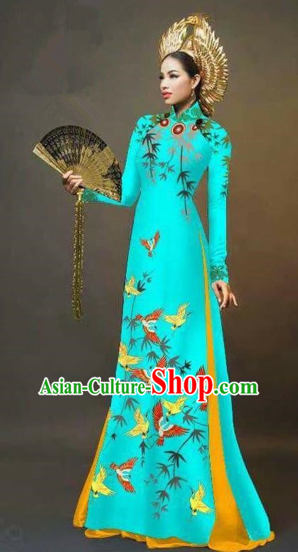 Traditional Top Grade Asian Vietnamese Ha Festival Printing Cranes Ao Dai Dress, Vietnam Women National Jing Nationality Queen Blue Cheongsam Bride Costumes