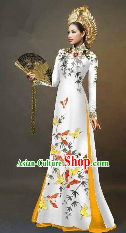 Traditional Top Grade Asian Vietnamese Ha Festival Printing Cranes Ao Dai Dress, Vietnam Women National Jing Nationality Queen Cheongsam Bride Costumes