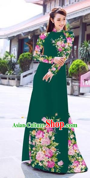 Traditional Top Grade Asian Vietnamese Ha Festival Printing Flowers Deep Green Ao Dai Dress, Vietnam Women National Jing Nationality Princess Cheongsam Bride Costumes