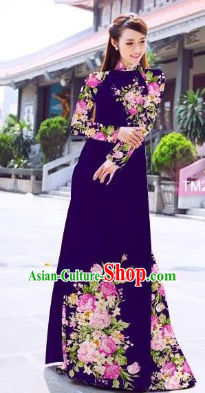 Traditional Top Grade Asian Vietnamese Ha Festival Printing Flowers Deep Purple Ao Dai Dress, Vietnam Women National Jing Nationality Princess Cheongsam Bride Costumes