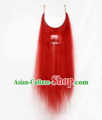 Chinese Ancient Opera Old Men Red Long Wig Beard Whiskers, Traditional Chinese Beijing Opera Props False Beard Laosheng-role Mustache