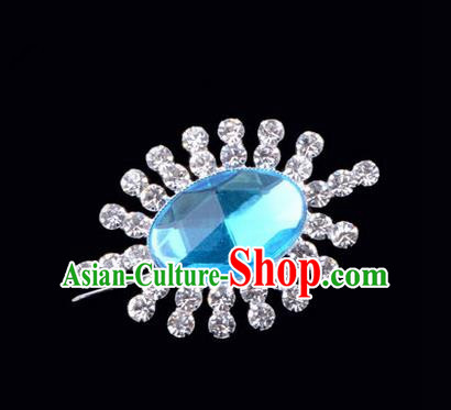 Chinese Ancient Peking Opera Jewelery Accessories, Traditional Chinese Beijing Opera Props Round Brooch Ornaments Hua Tan Blue Rhinestone Breastpin