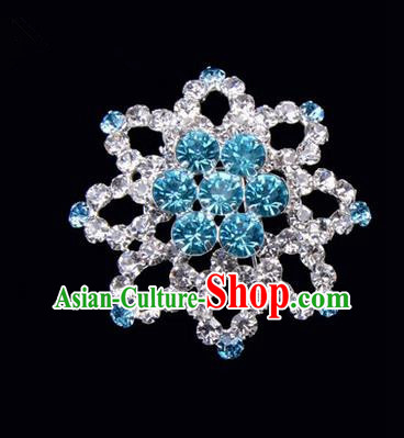 Chinese Ancient Peking Opera Jewelery Accessories, Traditional Chinese Beijing Opera Props Octagon Brooch Ornaments Hua Tan Blue Rhinestone Breastpin