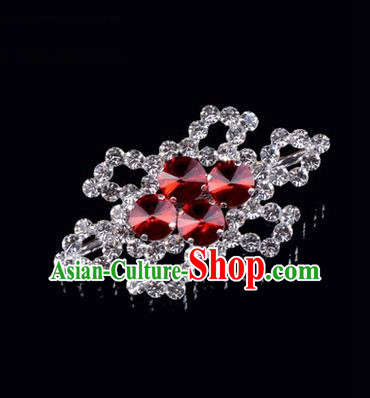 Chinese Ancient Peking Opera Jewelery Accessories, Traditional Chinese Beijing Opera Props Hexagonal Brooch Ornaments Hua Tan Red Rhinestone Breastpin