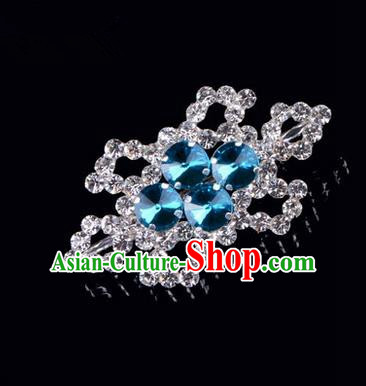 Chinese Ancient Peking Opera Jewelery Accessories, Traditional Chinese Beijing Opera Props Hexagonal Brooch Ornaments Hua Tan Blue Rhinestone Breastpin