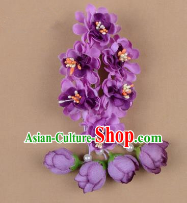 Chinese Ancient Peking Opera Purple Wisteria Flowers Hair Accessories, Traditional Chinese Beijing Opera Props Head Ornaments Hua Tan Headwear Hairpins