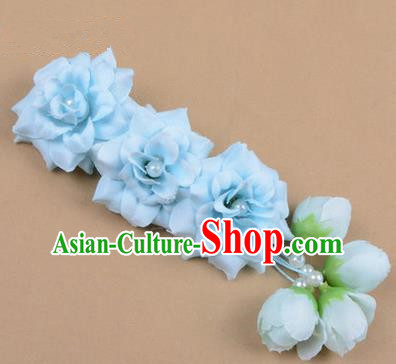 Chinese Ancient Peking Opera Blue Flowers Hair Accessories, Traditional Chinese Beijing Opera Props Head Ornaments Hua Tan Flocking Headwear Hairpins